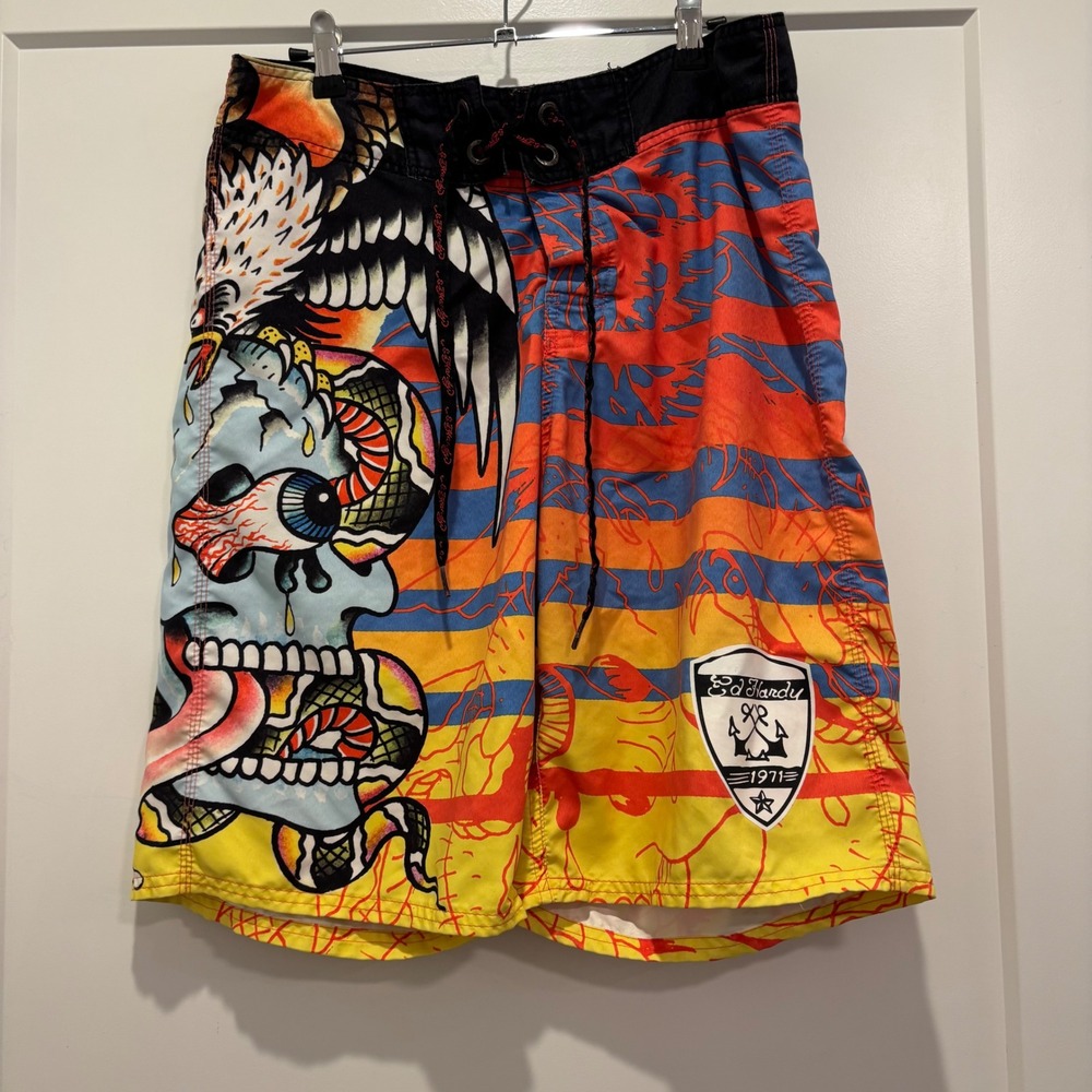 Ed Hardy Mens Skull Snake Eagle Tattoo Print Board Shorts Orange Yellow Size 33